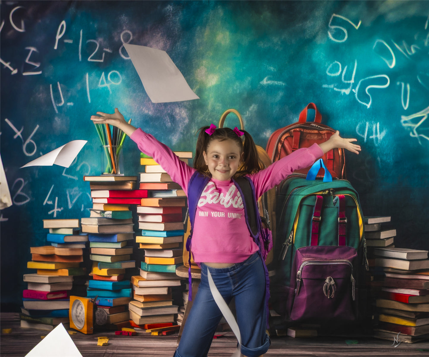 Toile de fond pour photographie de sacs d'école et de livres Avezano pour la rentrée scolaire