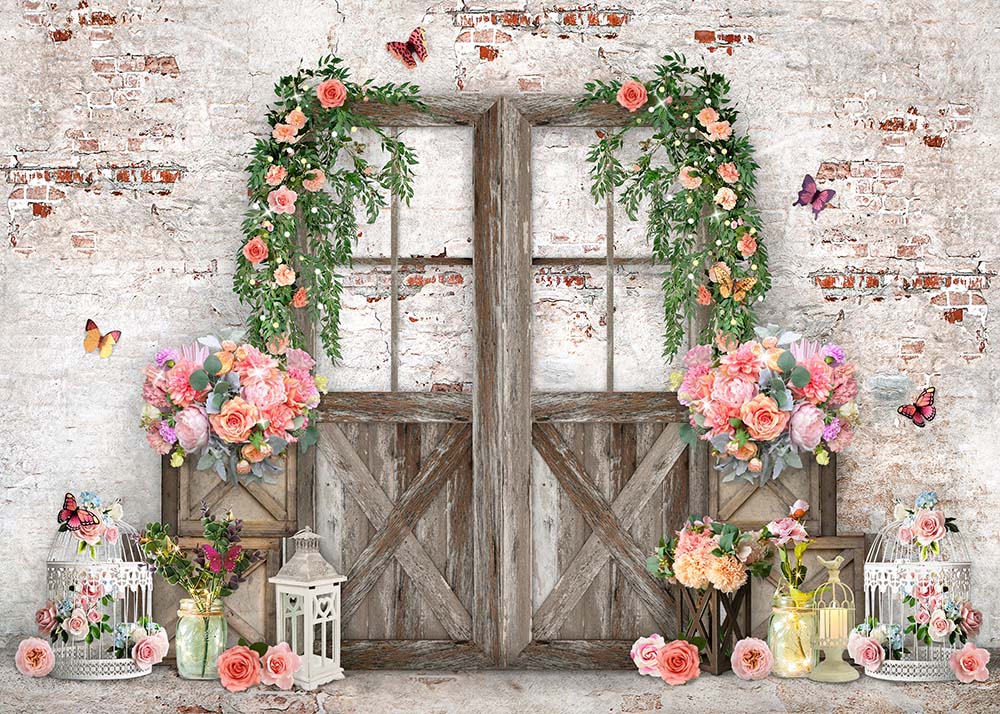 Avezano Roses on Brick Walls and Wooden Doors Backdrop for Spring Photography-AVEZANO