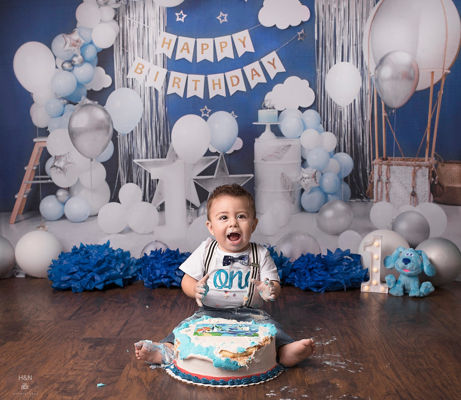 Avezano Blue Background And Balloons Scene Photography Backdrop For Birthday-AVEZANO