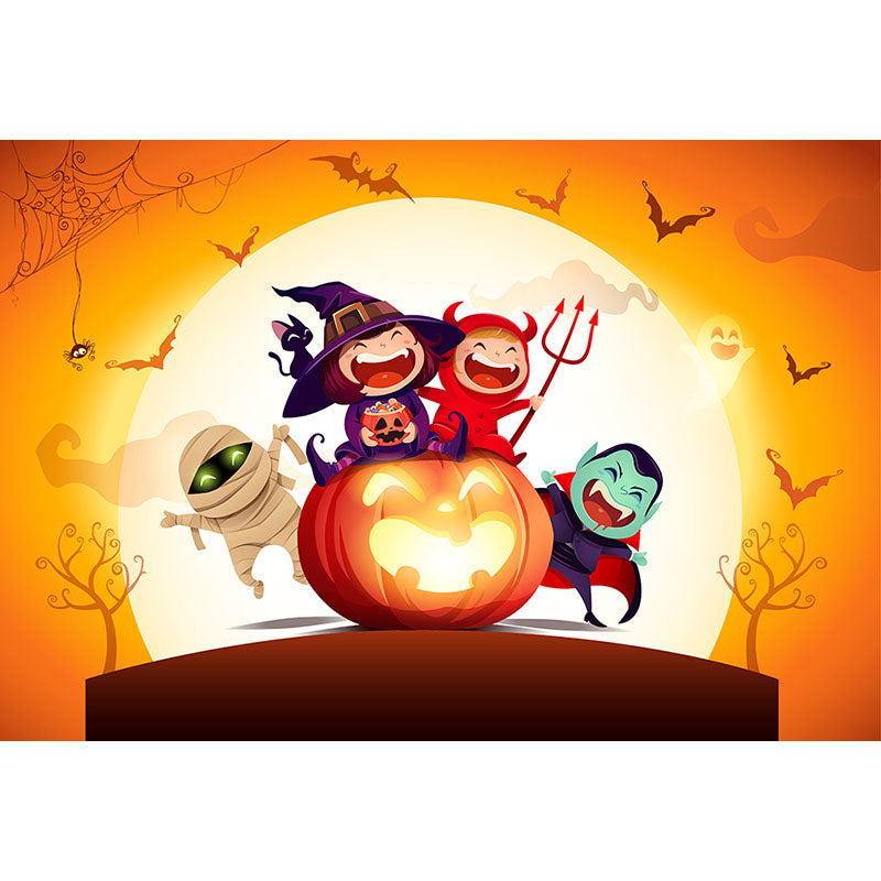 Avezano Cartoon Jack-O-Lanterns And Small Demons Halloween Photography Backdrop-AVEZANO