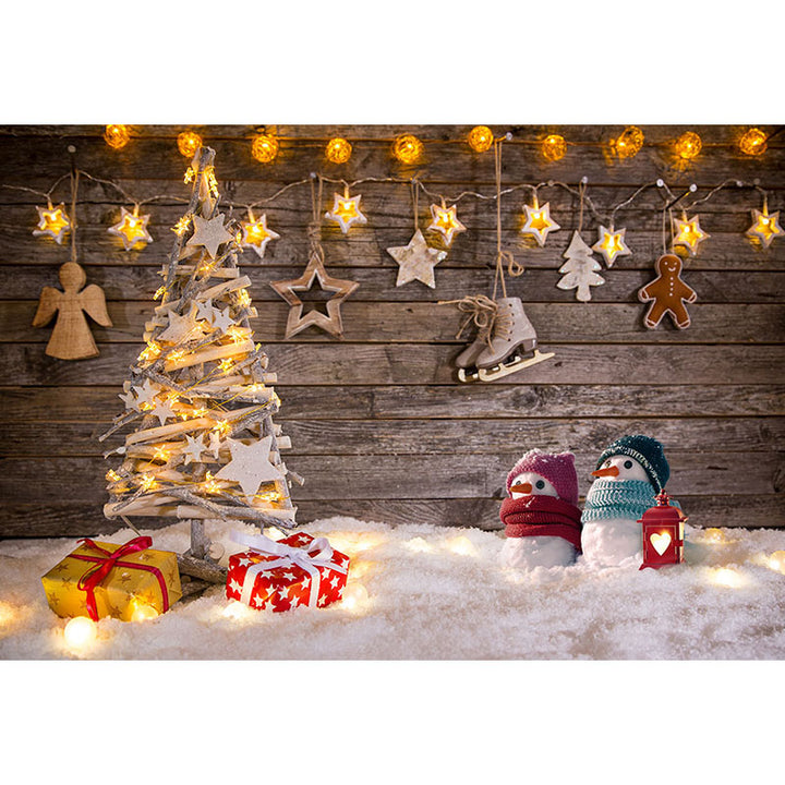 Avezano Wood Style Christmas Tree And Snowman Photography Backdrop For Christmas-AVEZANO