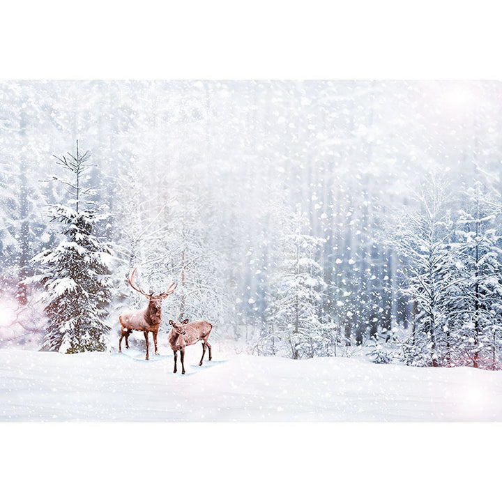 Avezano Snow Forest In Winter With Two Deer Photography Backdrop-AVEZANO