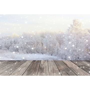 Avezano Snowy Woods With Wood Floor In Winter Photography Backdrop-AVEZANO