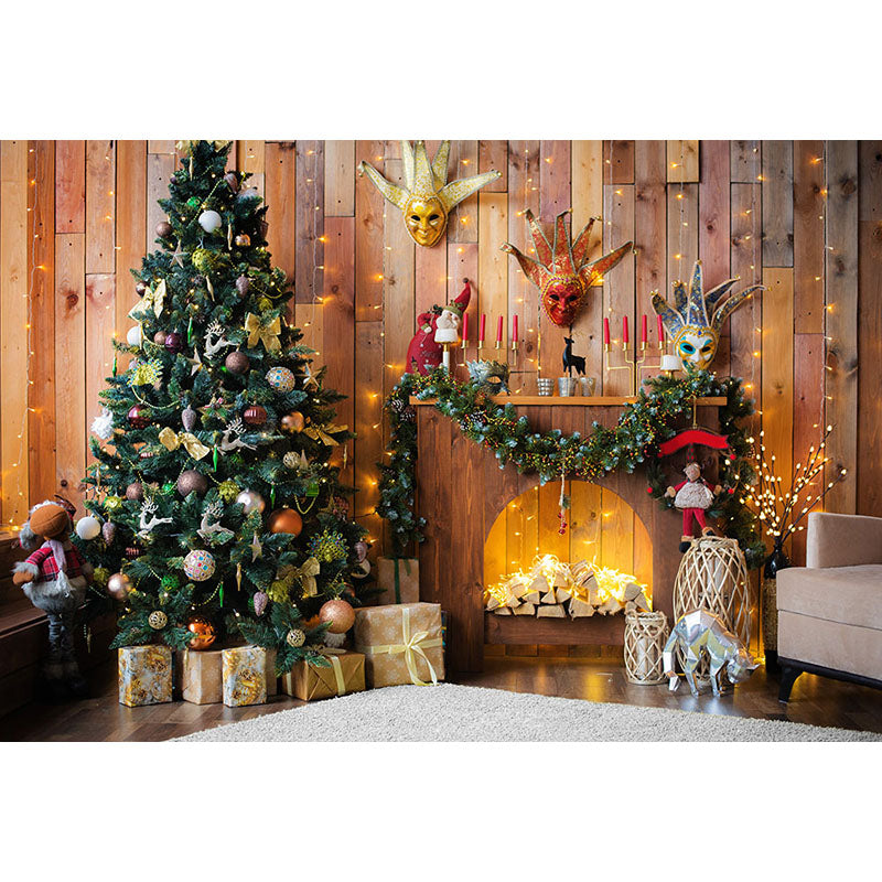 Avezano Wood Style Christmas Tree And Fireplace Photography Backdrop For Christmas-AVEZANO