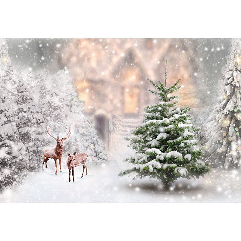 Avezano Snowy Pine Trees And House With Deer In Winter Photography Backdrop-AVEZANO