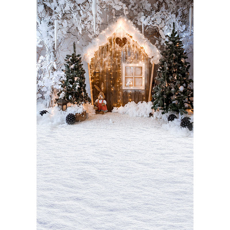 Avezano Christmas Trees And Small Wood House With Strip Lights Photography Backdrop For Christmas-AVEZANO