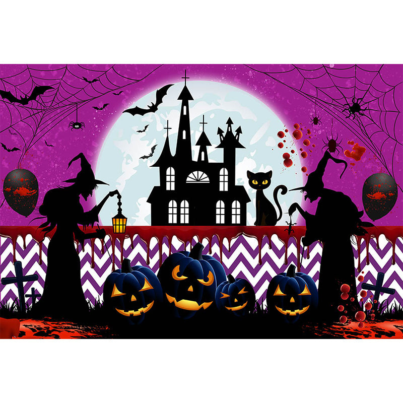 Avezano Witch Castle And Pumpkin Lantern Halloween Photography Backdrop-AVEZANO