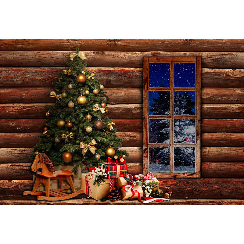 Avezano Wood Wall With Window And Christmas Tree Photography Backdrop-AVEZANO