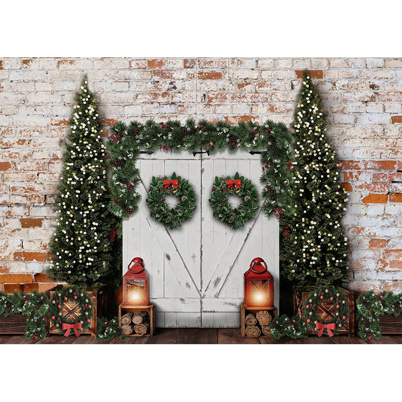 Avezano White Door With Christmas Trees And Wreath Backdrop-AVEZANO
