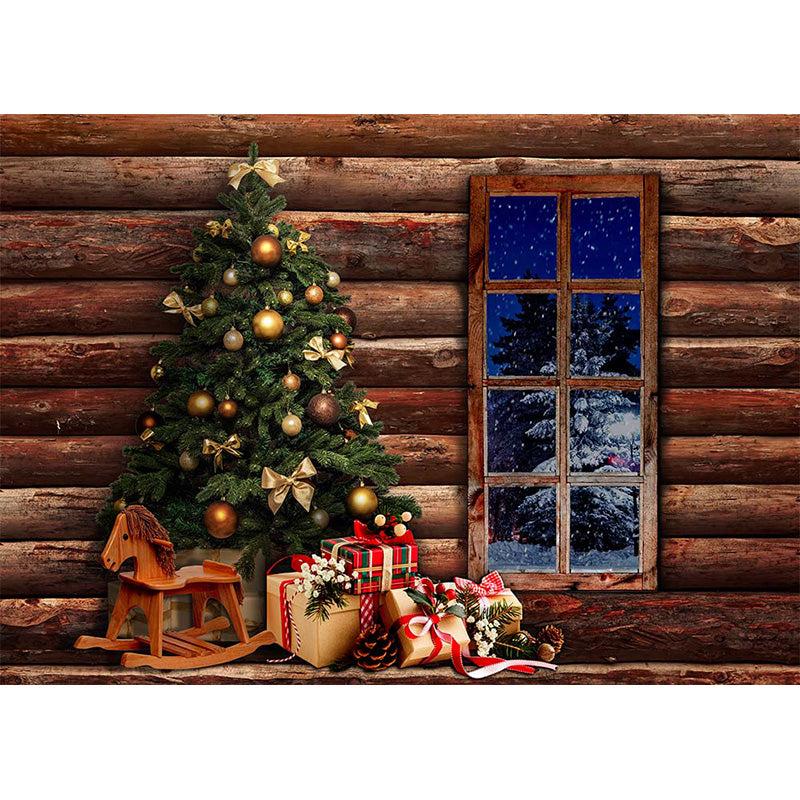 Avezano Wood Wall With Window And Christmas Trees Backdrop-AVEZANO