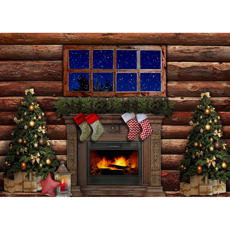 Avezano Wood Wall With Window And Fireplace Christmas Backdrop-AVEZANO