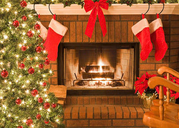 Avezano Christmas Tree Fireplace With Socks Photography Backdrop-AVEZANO