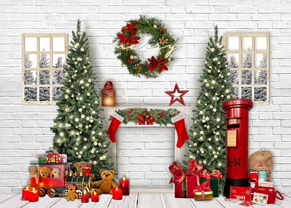Avezano White Brick Wall Christmas Tree Garland Gifts And Mail Box Photography Backdrop-AVEZANO