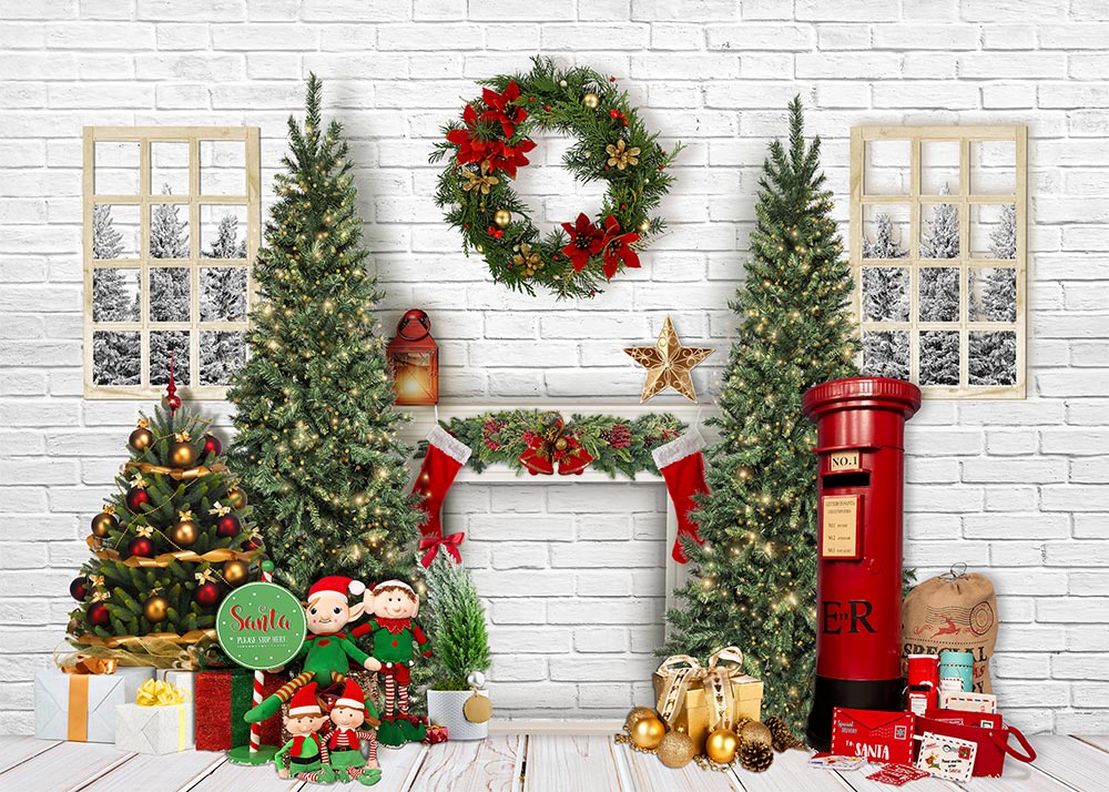 Avezano Christmas Trees Wreath Gifts And Mail Box Photography Backdrop-AVEZANO