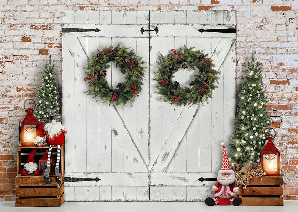 Avezano Christmas Trees Wreaths Wood Door Photography Backdrop-AVEZANO