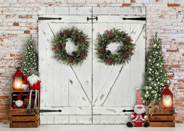 Avezano Christmas Trees Wreaths Wood Door Photography Backdrop-AVEZANO
