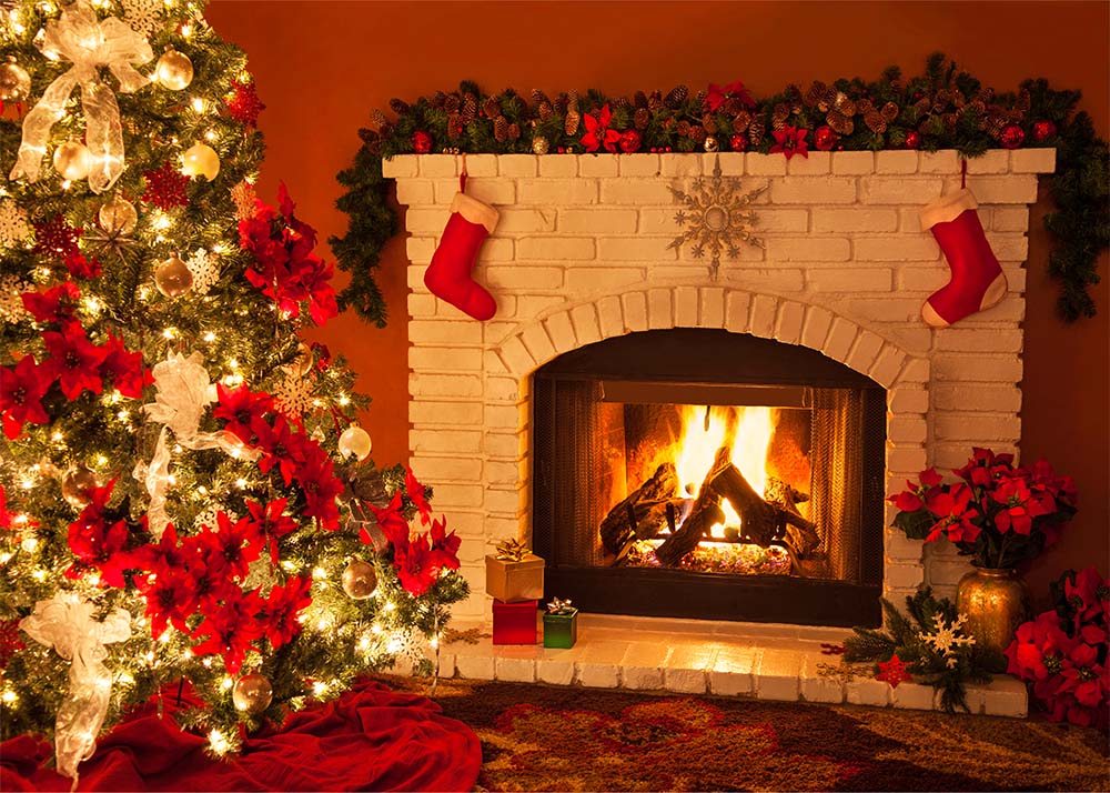 Avezano Burning Fireplace On Christmas Eve Photography Backdrop-AVEZANO