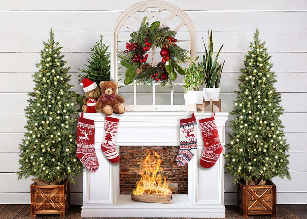 Avezano White Wall Christmas Tree Wreath Fireplace Socks Decorations Photography Backdrop-AVEZANO