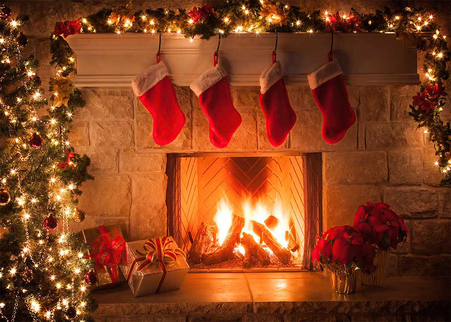 Avezano Burning Fireplace And Socks Christmas Photography Backdrop