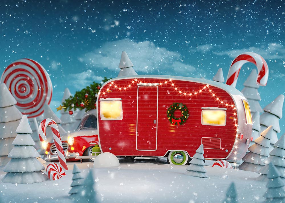 Avezano A Car in the Snow 2 pcs Christmas Set Backdrop