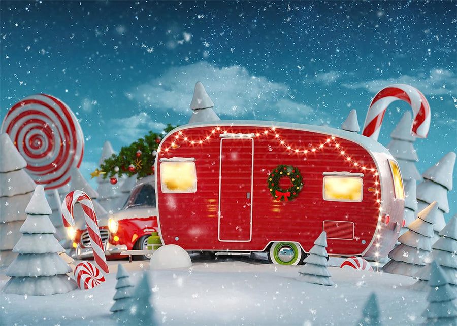 Avezano A Car in the Snow 2 pcs Christmas Set Backdrop