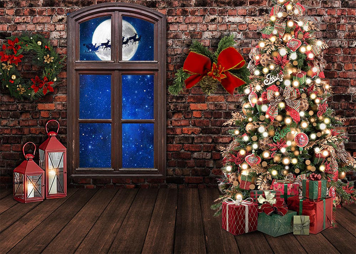 Avezano Christmas Trees Gifts Brick Wall Window Photography Backdrop-AVEZANO