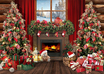 Avezano Red Theme Christmas Gift Decoration Fireplace Window Photography Backdrop-AVEZANO