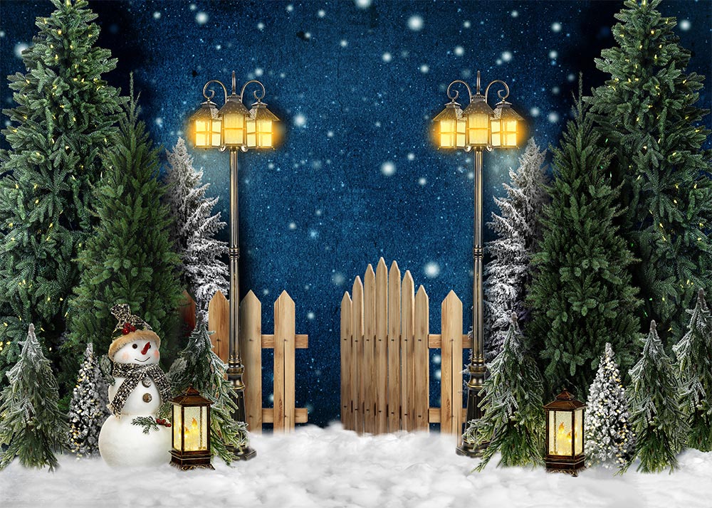 Avezano Christmas Snow Scene Snowman Street Lamp Wooden Fence Photography Backdrop