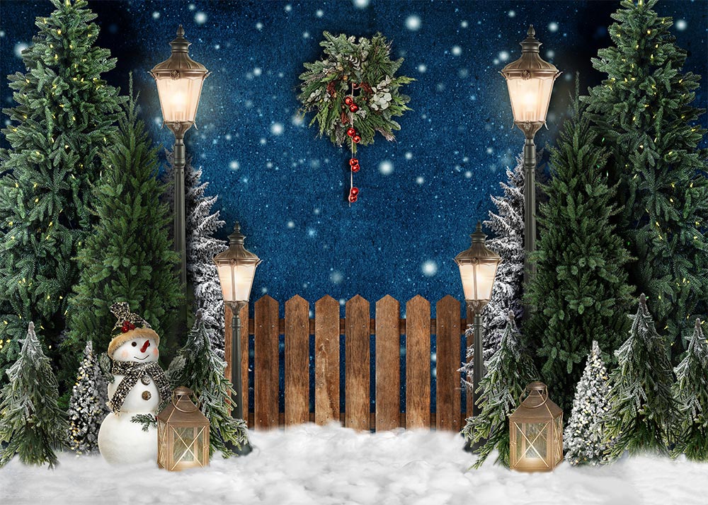Avezano Christmas Snowman Street Lamp Wooden Fence Photography Backdrop-AVEZANO