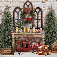 Avezano Brick Wall and Christmas Mantel Photography Backdrop Room Set