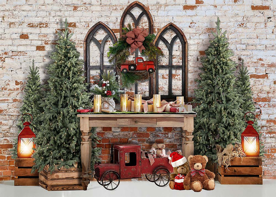 Avezano Brick Wall and Christmas Mantel Photography Backdrop Room Set