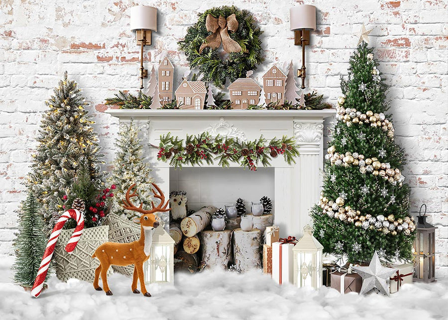 Avezano Snow Elk Christmas Tree Indoor Photography Backdrop-AVEZANO