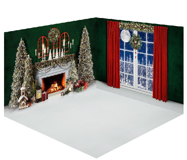 Avezano Green Wall Christmas Trees Fireplace French Window Room Set