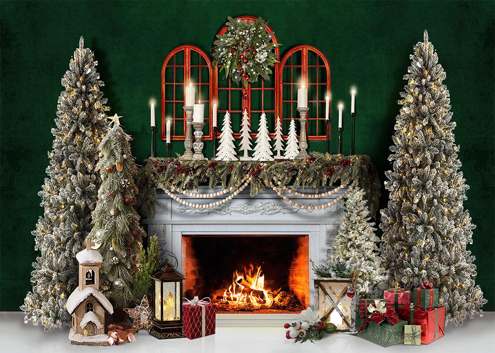 Avezano Green Wall Christmas Trees Fireplace French Window Room Set