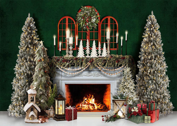 Avezano Green Wall Christmas Trees Fireplace Photography Backdrop-AVEZANO