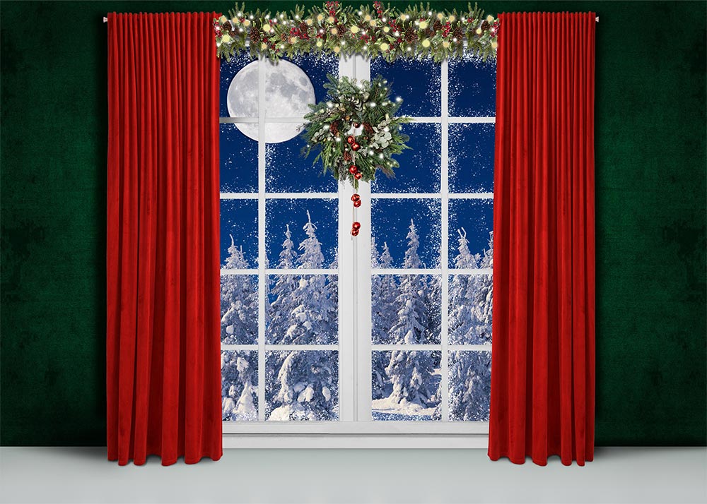 Avezano French Windows With Christmas Decorations on Green Walls Photography Backdrop-AVEZANO