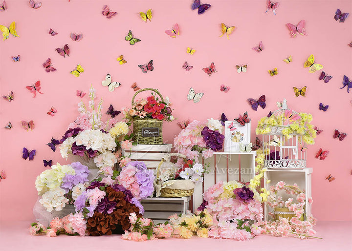 Avezano Pink Background Flowers And Butterflies Photography Backdrop-AVEZANO