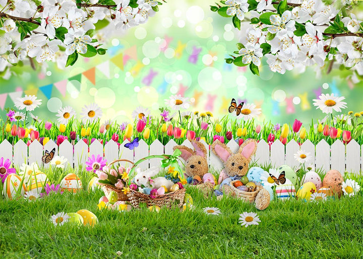 Avezano Spring Greenery Easter Eggs Bunny Photography Backdrop-AVEZANO