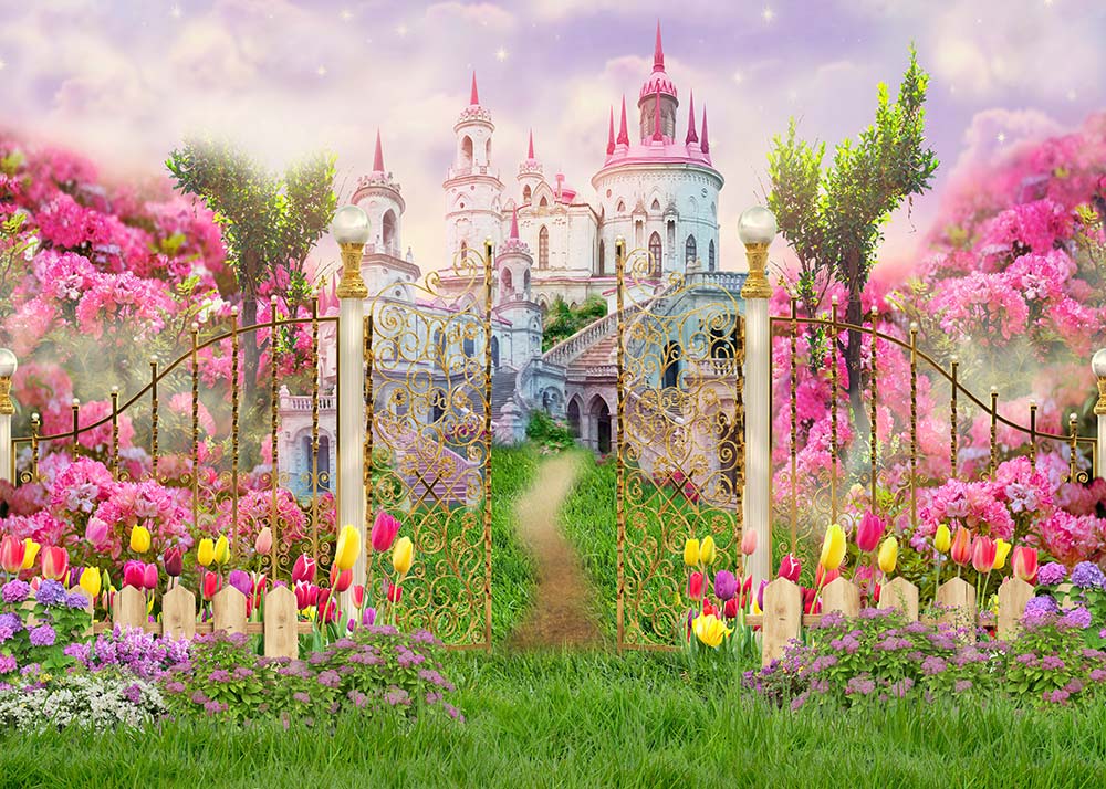 Avezano Pink Castle Among the Flowers in Spring 2 pcs Set Backdrop