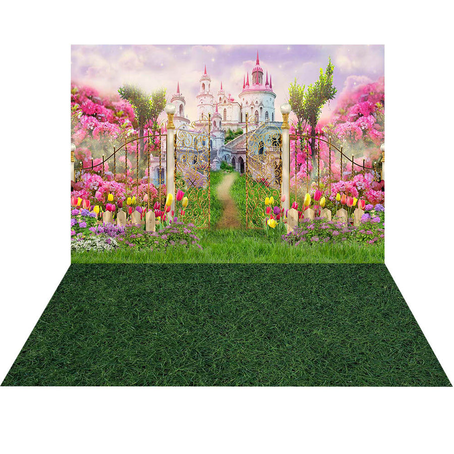 Avezano Pink Castle Among the Flowers in Spring 2 pcs Set Backdrop-AVEZANO