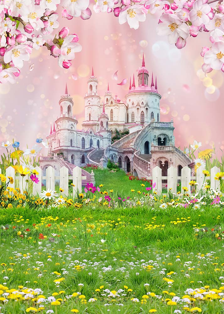 Avezano Spring Pink Dream Castle With Lawn Photography Backdrop-AVEZANO