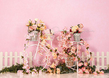 Avezano Pink Background Flowers & Bicycle & Fence Spring Photography Backdrop-AVEZANO