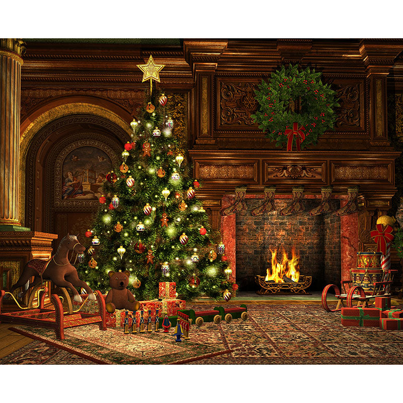 Avezano Christmas Tree And Fireplace Photography Backdrop For Christmas-AVEZANO