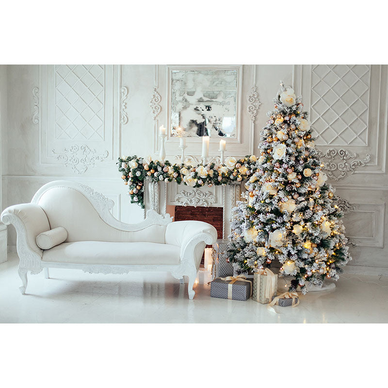 Avezano Christmas Tree And White Sofa Photography Backdrop For Christmas-AVEZANO
