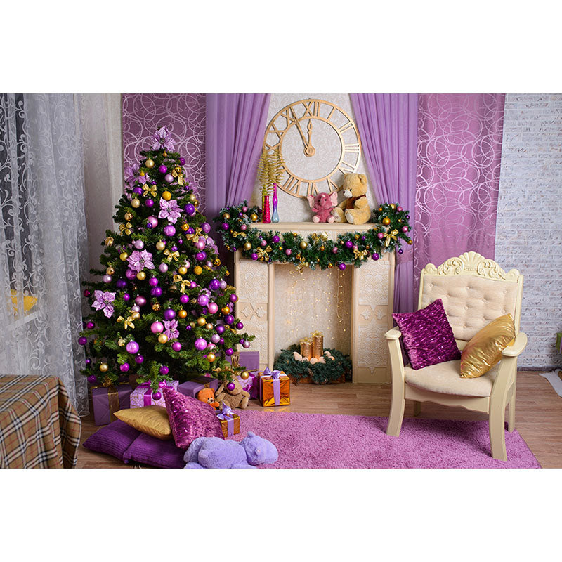 Avezano Purple Style Christmas Tree And Fireplace Photography Backdrop For Christmas-AVEZANO