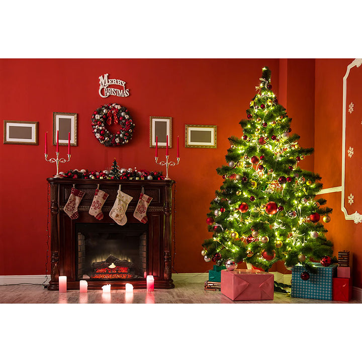 Avezano Bright Christmas Tree And Fireplace With Socks Photography Backdrop For Christmas-AVEZANO