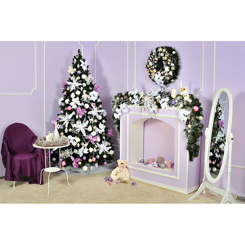 Avezano Christmas Tree And Fireplace With Wreath Photography Backdrop For Christmas-AVEZANO