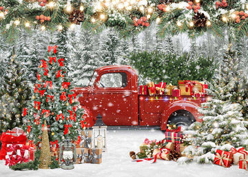 Avezano Christmas Snowy Red Pickup Truck Backdrop For Photography-AVEZANO
