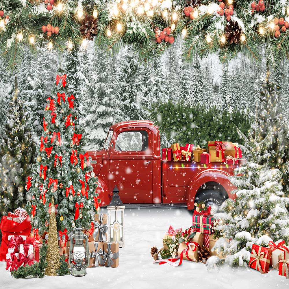 Avezano Christmas Snowy Red Pickup Truck Backdrop For Photography