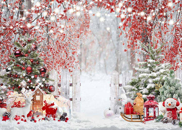 Avezano Christmas Tree and Red Leaves in Snow Photography Backdrop-AVEZANO